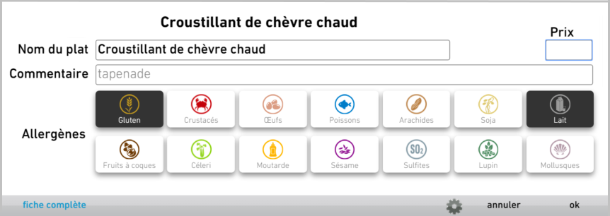 Formulaire de saisie d'un plat avec allergène